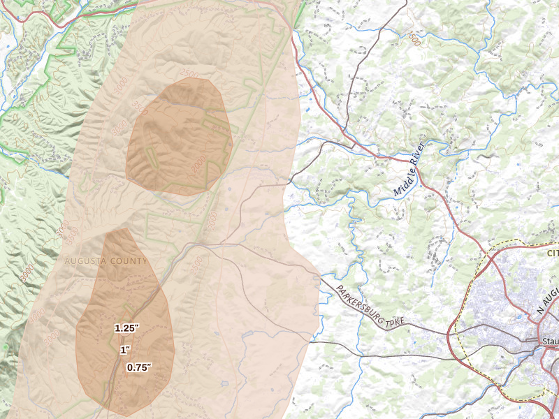 Radar-estimated hail-size map of the storm over Swoope, VA on Jul 4, 2026