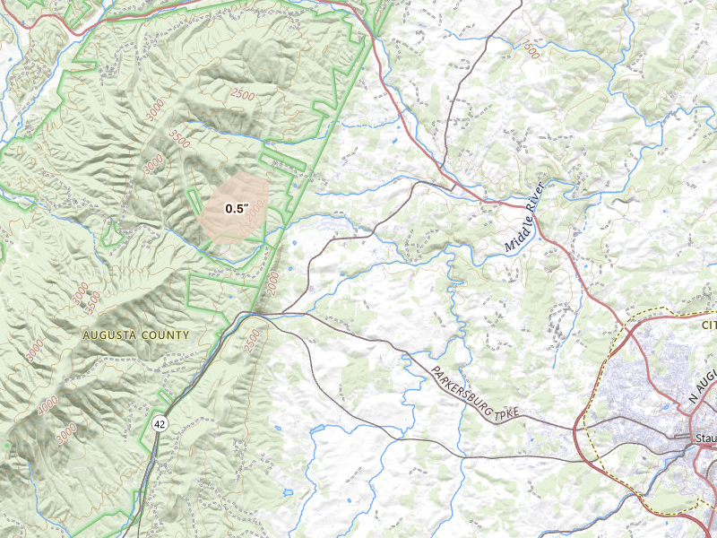 Radar-estimated hail-size map of the storm over Swoope, VA on Jul 5, 2026