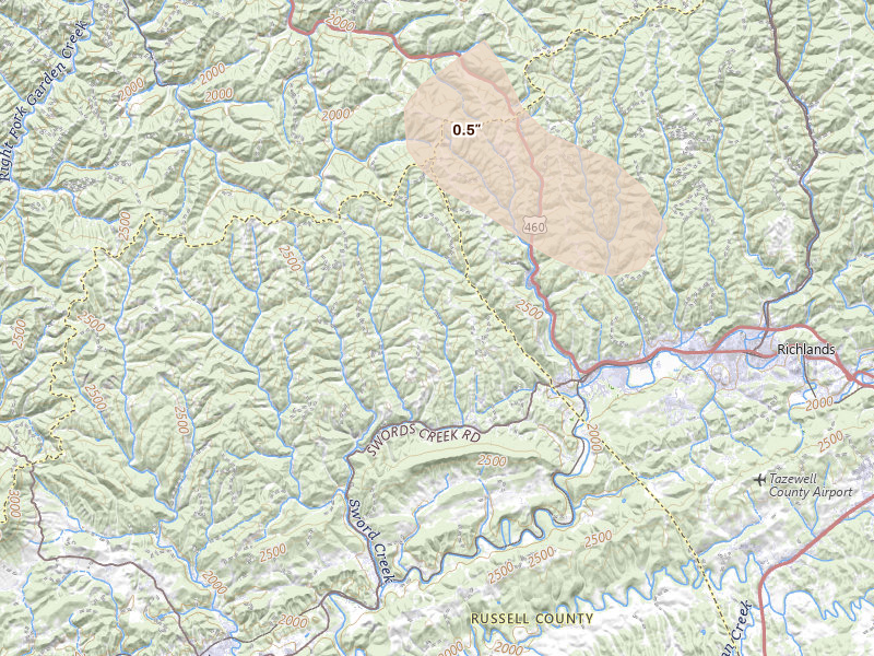 Radar-estimated hail-size map of the storm over Swords Creek, VA on Aug 15, 2026