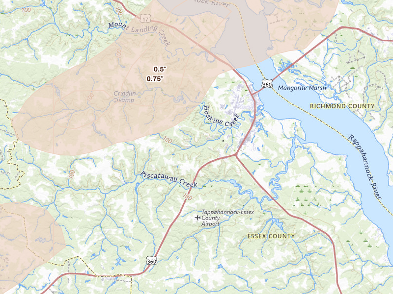 Radar-estimated hail-size map of the storm over Tappahannock, VA