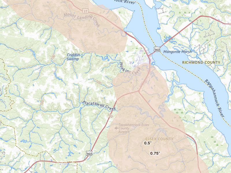 Radar-estimated hail-size map of the storm over Tappahannock, VA on Jul 28, 2026