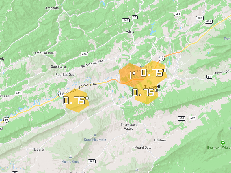 Hail map of Tazewell, VA on Jul 4, 2026, hail up to 1"