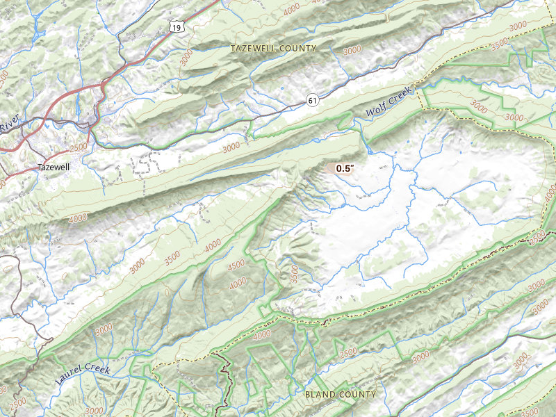 Radar-estimated hail-size map of the storm over Tazewell, VA on Jul 28, 2026