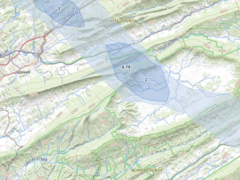NEXRAD radar-signature map of the hail over Tazewell, VA