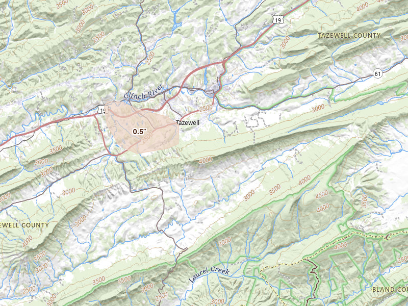 Radar-estimated hail-size map of the storm over Tazewell, VA on Aug 14, 2026