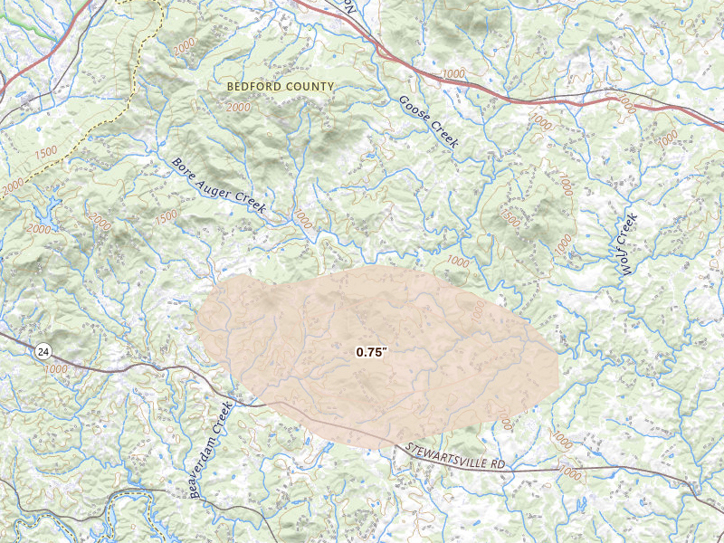 Radar-estimated hail-size map of the storm over Thaxton, VA on Jun 11, 2026
