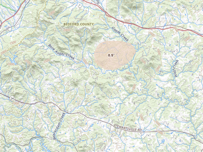 Radar-estimated hail-size map of the storm over Thaxton, VA on Jun 12, 2026