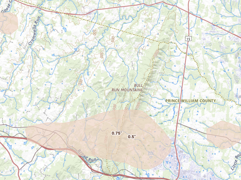 Radar-estimated hail-size map of the storm over The Plains, VA on Jun 12, 2026