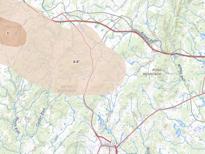 Radar-estimated hail-size map of the storm over The Plains, VA