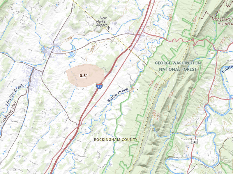 Radar-estimated hail-size map of the storm over Timberville, VA on Jun 12, 2026