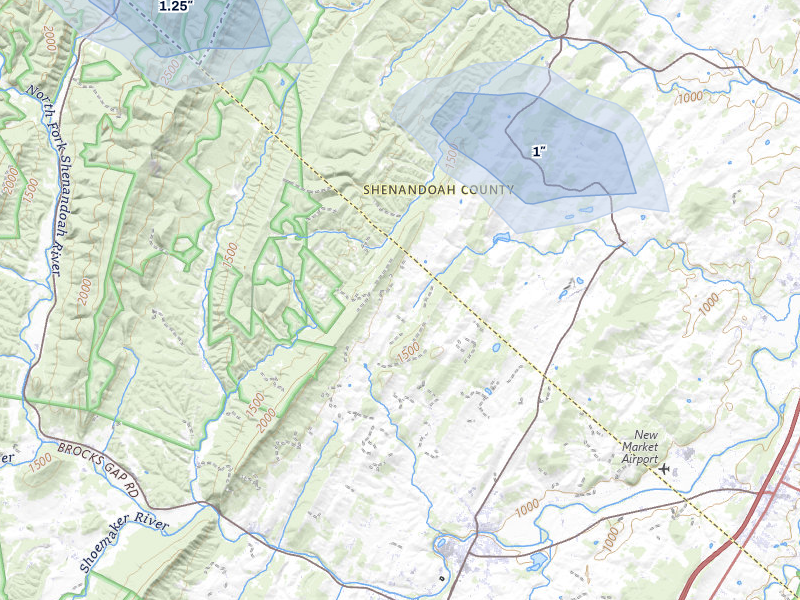 NEXRAD radar-signature map of the hail storm over Timberville, VA on Aug 8, 2026
