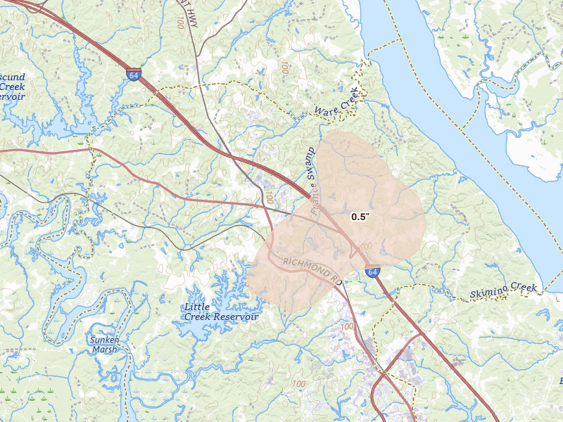 Radar-estimated hail-size map of the storm over Toano, VA on Jul 7, 2026