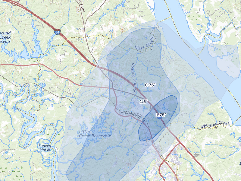 NEXRAD radar-signature map of the hail storm over Toano, VA on Jul 7, 2026