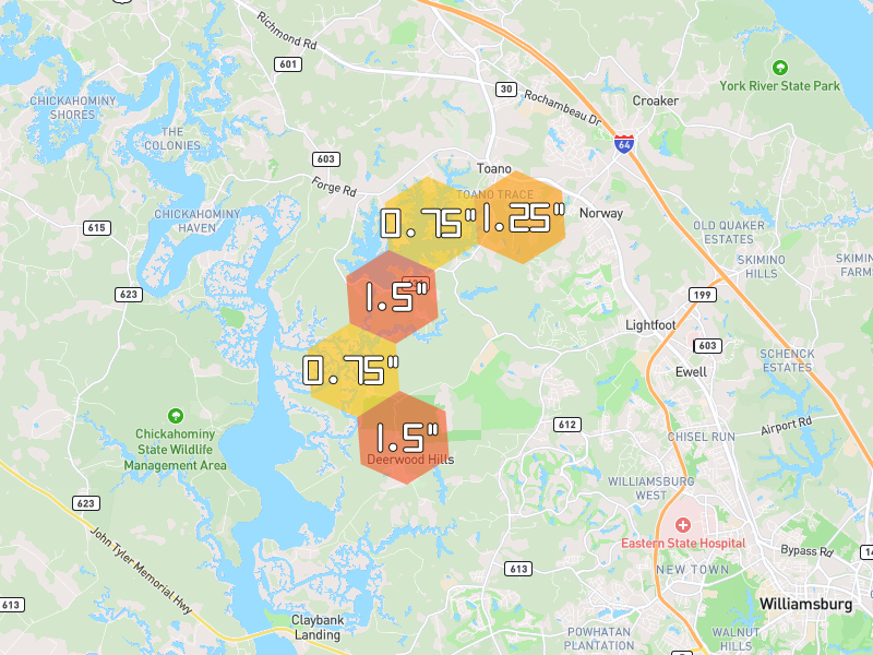 Hail map of Toano, VA on Jul 7, 2026, hail up to 1.5"
