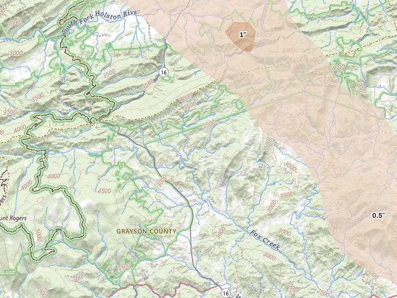 Radar-estimated hail-size map of the storm over Troutdale, VA on Jul 28, 2026