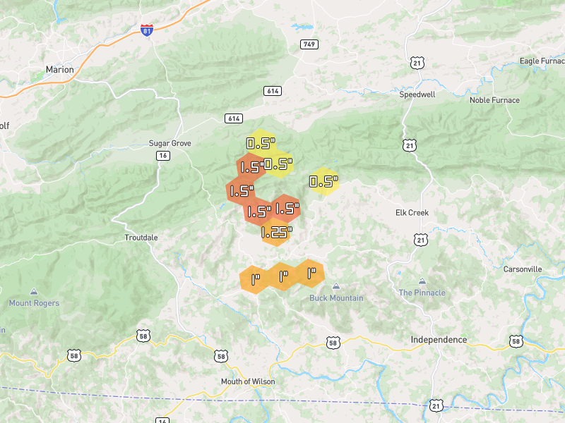 Hail map of Troutdale, VA on Jul 28, 2026, hail up to 1.5"