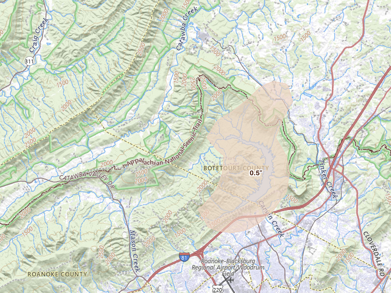 Radar-estimated hail-size map of the storm over Troutville, VA on Apr 1, 2026