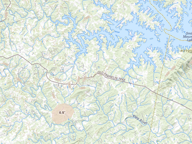 Radar-estimated hail-size map of the storm over Union Hall, VA on May 21, 2026