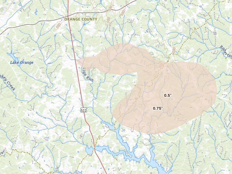 Radar-estimated hail-size map of the storm over Unionville, VA on Jul 18, 2026