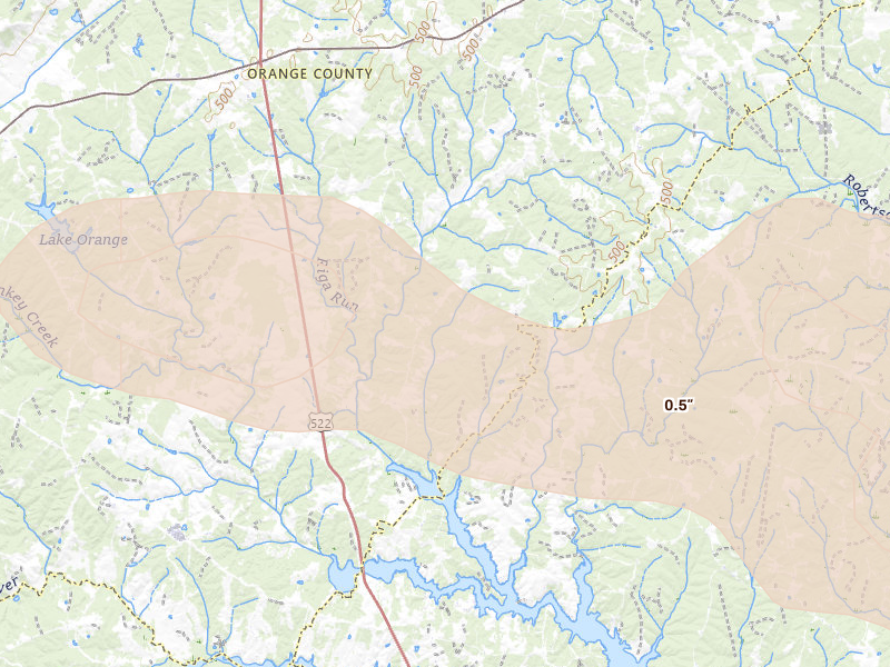 Radar-estimated hail-size map of the storm over Unionville, VA on Aug 22, 2026