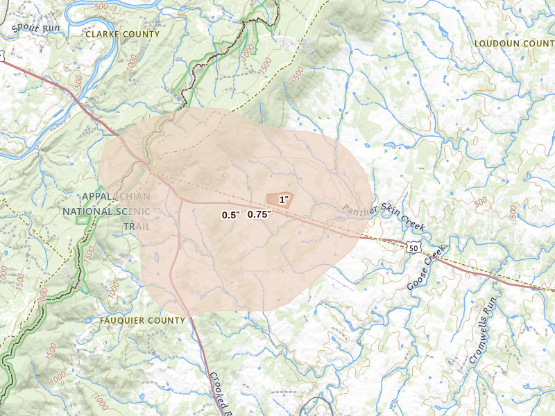 Radar-estimated hail-size map of the storm over Upperville, VA on May 20, 2026