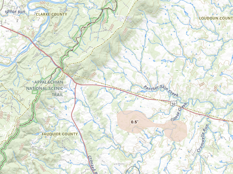 Radar-estimated hail-size map of the storm over Upperville, VA on Jun 12, 2026