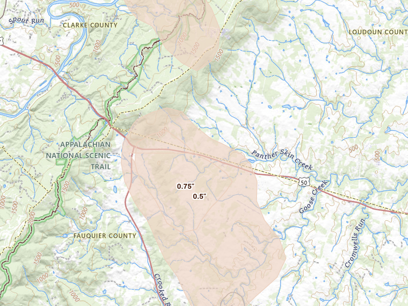 Radar-estimated hail-size map of the storm over Upperville, VA on Sep 2, 2026