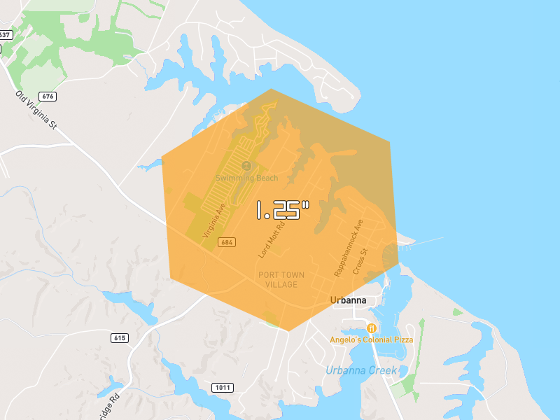 Hail map of Urbanna, VA on Jul 6, 2026, hail up to 1.25"