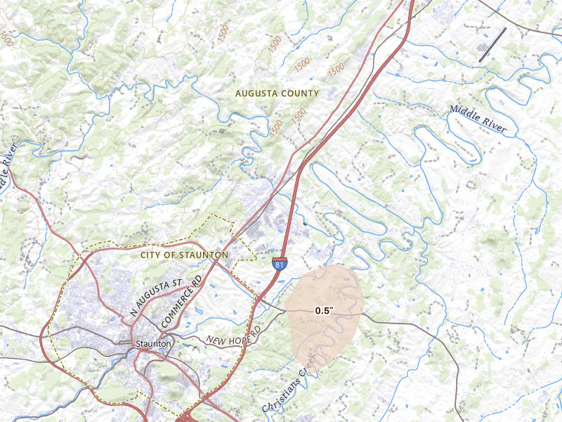 Radar-estimated hail-size map of the storm over Verona, VA on Sep 3, 2026