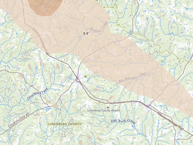 Radar-estimated hail-size map of the storm over Victoria, VA on May 27, 2026