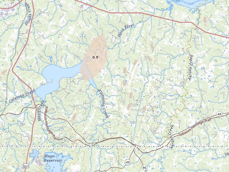 Radar-estimated hail-size map of the storm over Virgilina, VA on Aug 28, 2026