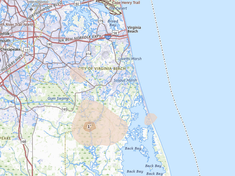 Radar-estimated hail-size map of the storm over Virginia Beach, VA on Jul 6, 2026