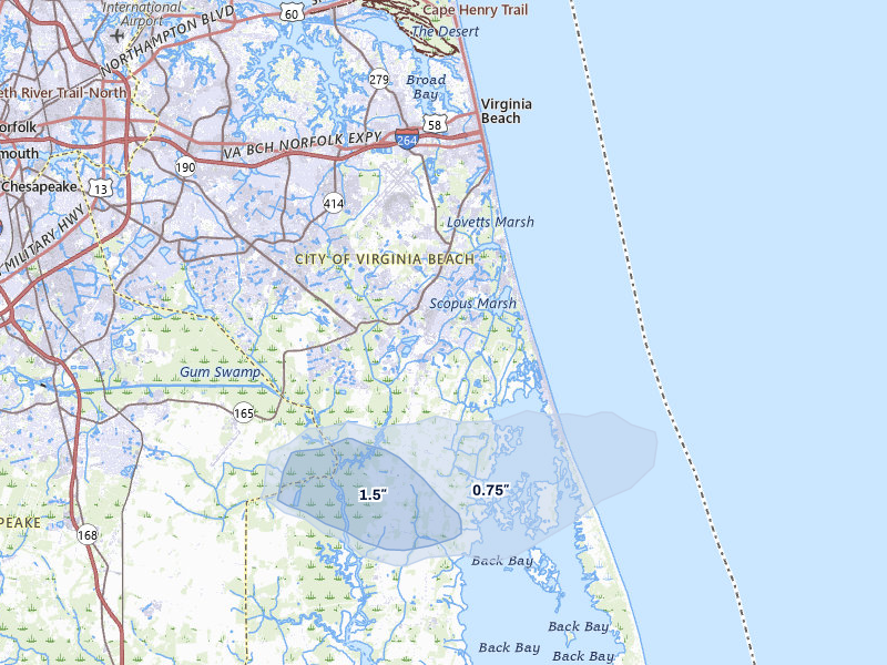 NEXRAD radar-signature map of the hail storm over Virginia Beach, VA on Jul 6, 2026