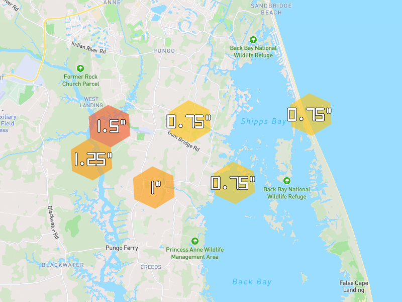 Hail map of Virginia Beach, VA on Jul 6, 2026, hail up to 1.5"