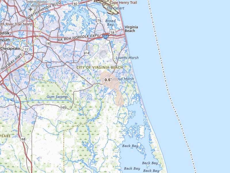 Radar-estimated hail-size map of the storm over Virginia Beach, VA on Jul 27, 2026