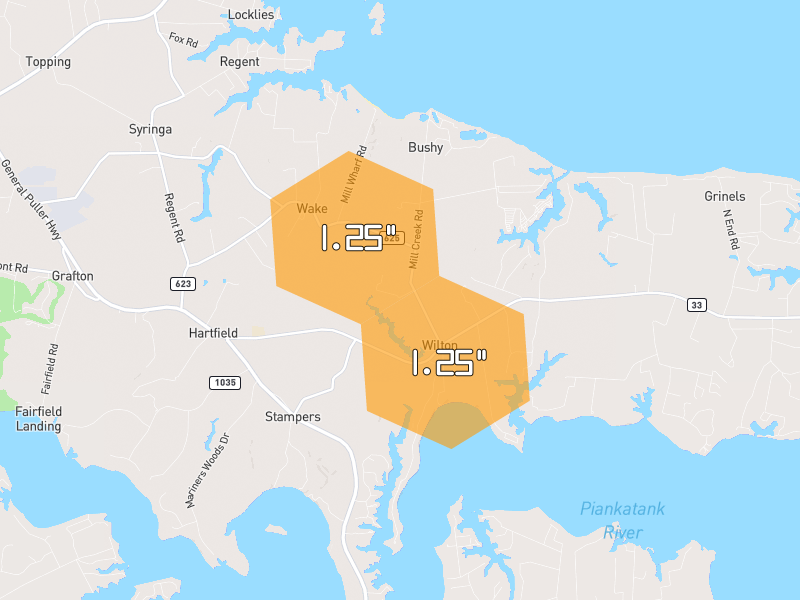 Hail map of Wake, VA on Jul 29, 2026, hail up to 1.25"