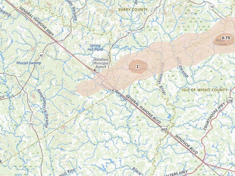 Radar-estimated hail-size map of the storm over Wakefield, VA on Jun 23, 2026