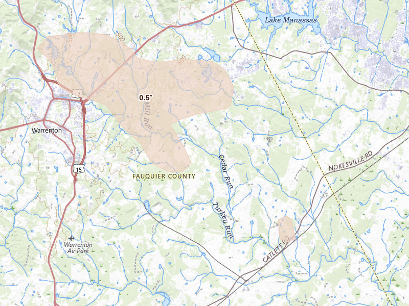 Radar-estimated hail-size map of the storm over Warrenton, VA on May 27, 2026