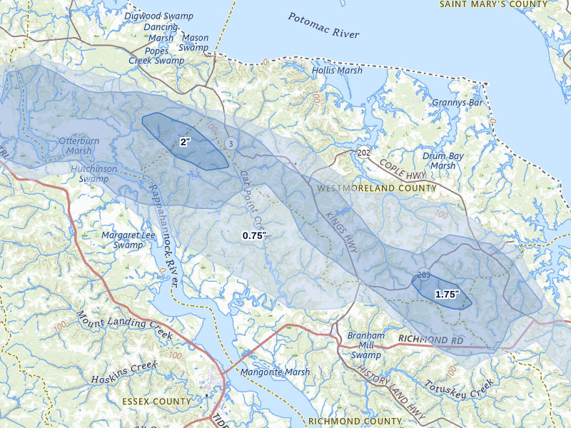 NEXRAD radar-signature map of the hail storm over Warsaw, VA on May 27, 2026