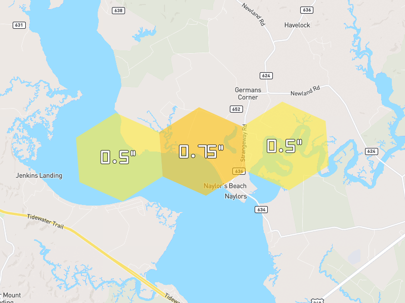 Hail map of Warsaw, VA on Jul 7, 2026, hail up to 0.75"