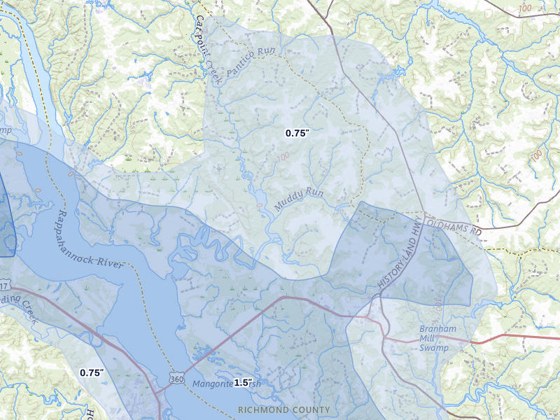 NEXRAD radar-signature map of the hail storm over Warsaw, VA on Jul 28, 2026