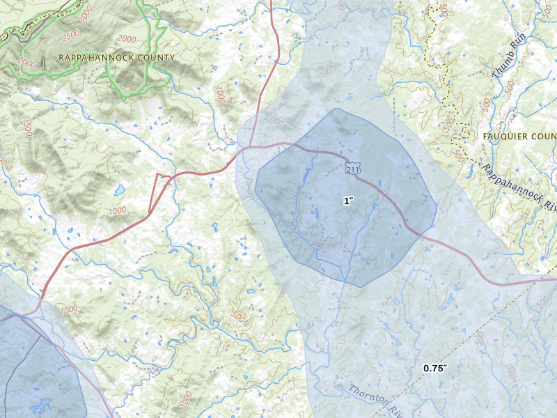 NEXRAD radar-signature map of the hail storm over Washington, VA on Jul 28, 2026