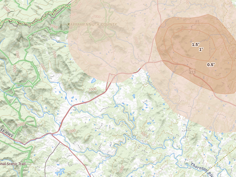Radar-estimated hail-size map of the storm over Washington, VA on Sep 2, 2026