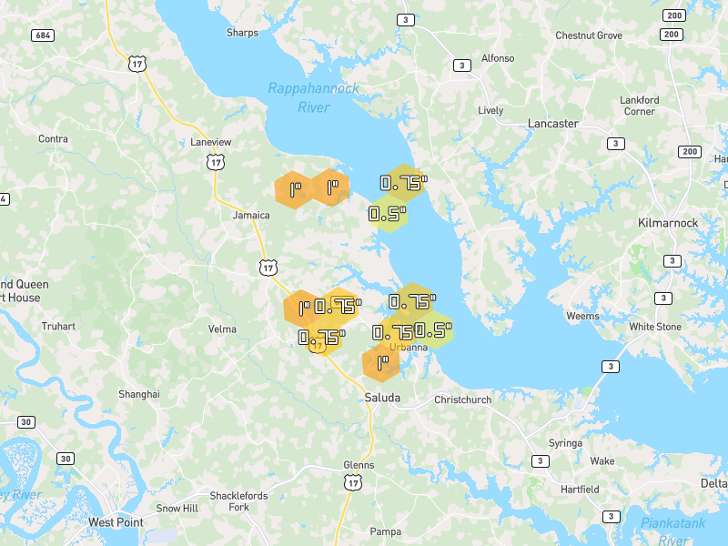 Hail map of Water View, VA on Jul 29, 2026, hail up to 1"