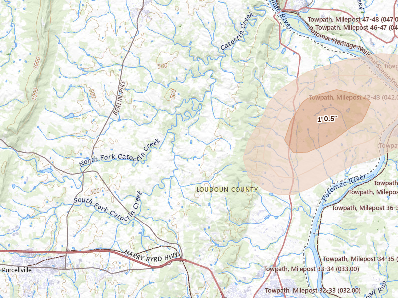 Radar-estimated hail-size map of the storm over Waterford, VA on Jul 9, 2026