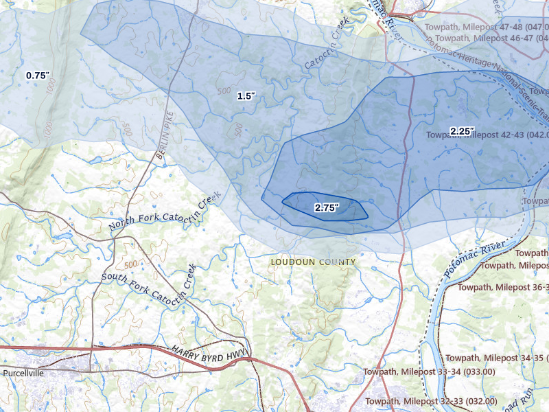 NEXRAD radar-signature map of the hail storm over Waterford, VA on Jul 9, 2026