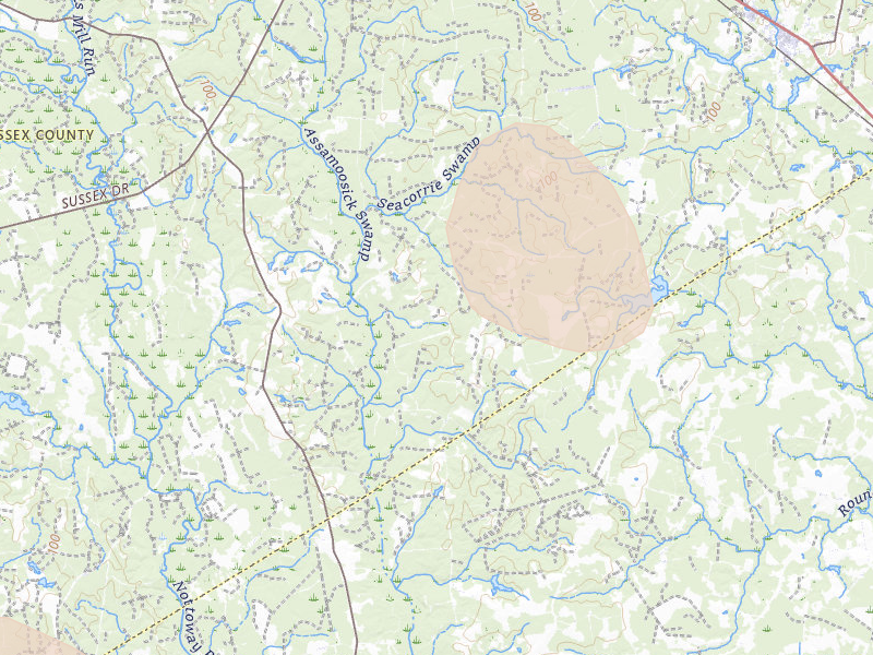 Radar-estimated hail-size map of the storm over Waverly, VA on Sep 4, 2026