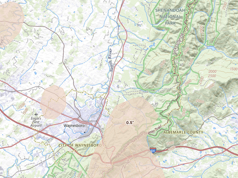 Radar-estimated hail-size map of the storm over Waynesboro, VA on Sep 3, 2026