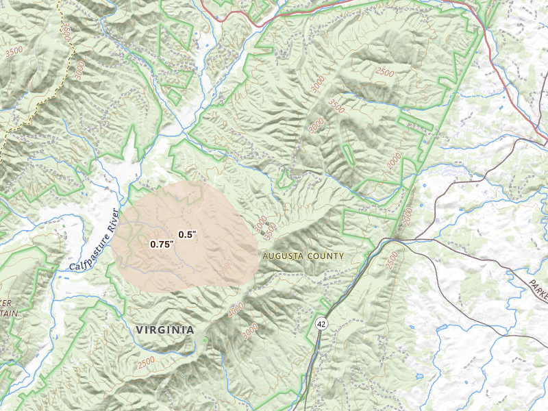 Radar-estimated hail-size map of the storm over West Augusta, VA on May 13, 2026