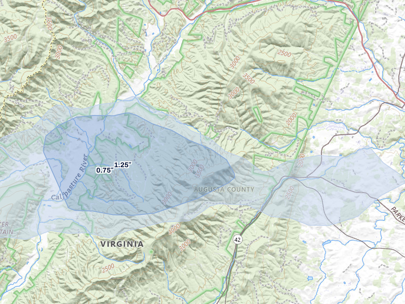 NEXRAD radar-signature map of the hail storm over West Augusta, VA on May 13, 2026
